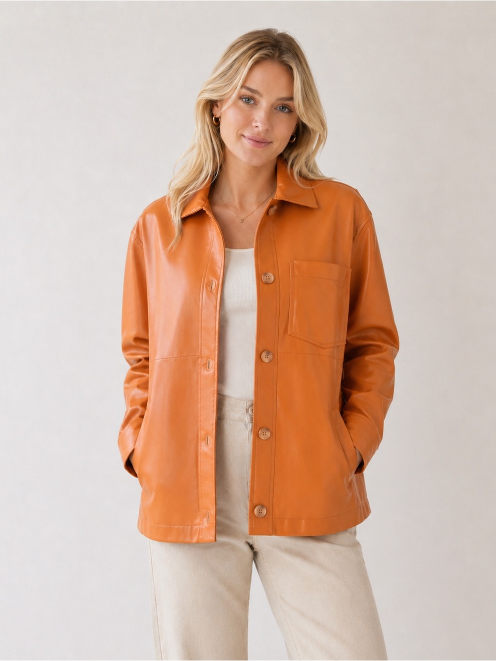 Bershka Orange Vegan Leather Shirt Jacket Size M